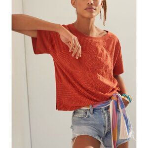 Anthropologie Contrast Embroidered Tee Cedar Rust Womens XS Boho Relaxed Fit Top